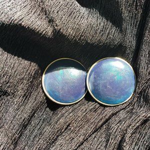 Vintage Signed Large Circle Shimmer Blue Enamel Clip On Earrings